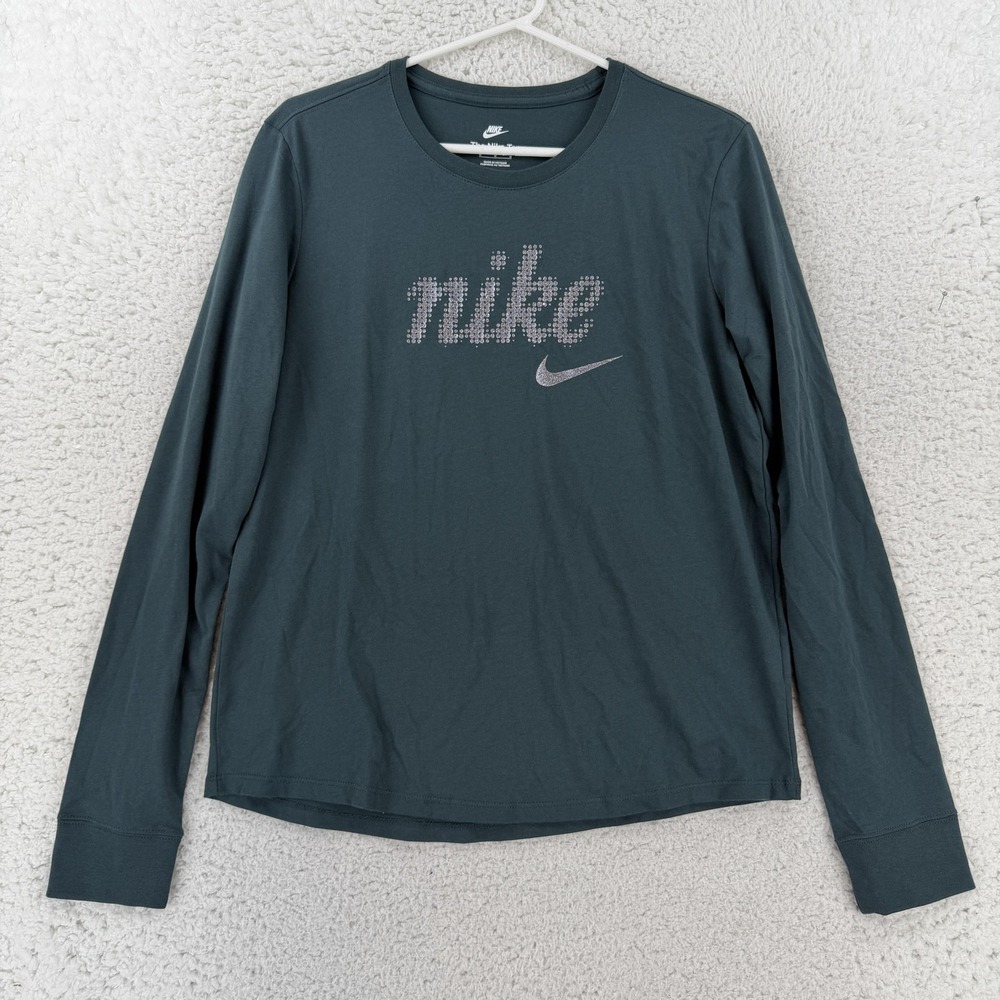 Nike Shirt Womens Medium Green Crew Neck Long Sleeve Glitter Graphic Tee Top NWT